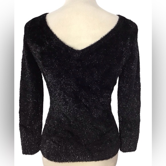 Nicole Miller Black Fuzzy Sequin V Neck Sweater - Picture 6 of 7